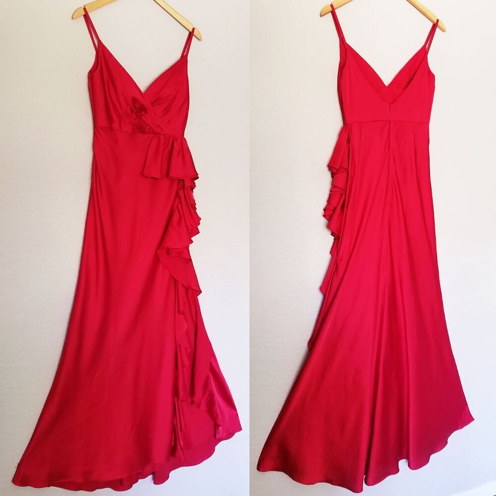 Mac Duggal Red Satin Ruffle Asymmetric Gown Maxi Dress Cocktail Party 67815 $338 - Picture 9 of 16